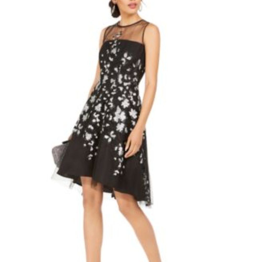 Sequined-Flower Illusion BlackSilver Dress - Sz: 8